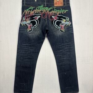 Christian Audigier Jeans 38x32 Embroidered Panther Skull Y2K Tattoo Biker Grunge